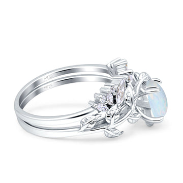Art Deco Teardrop Pear Leaf Design Wedding Two Piece Ring Lab Created White Opal 925 Sterling Silver